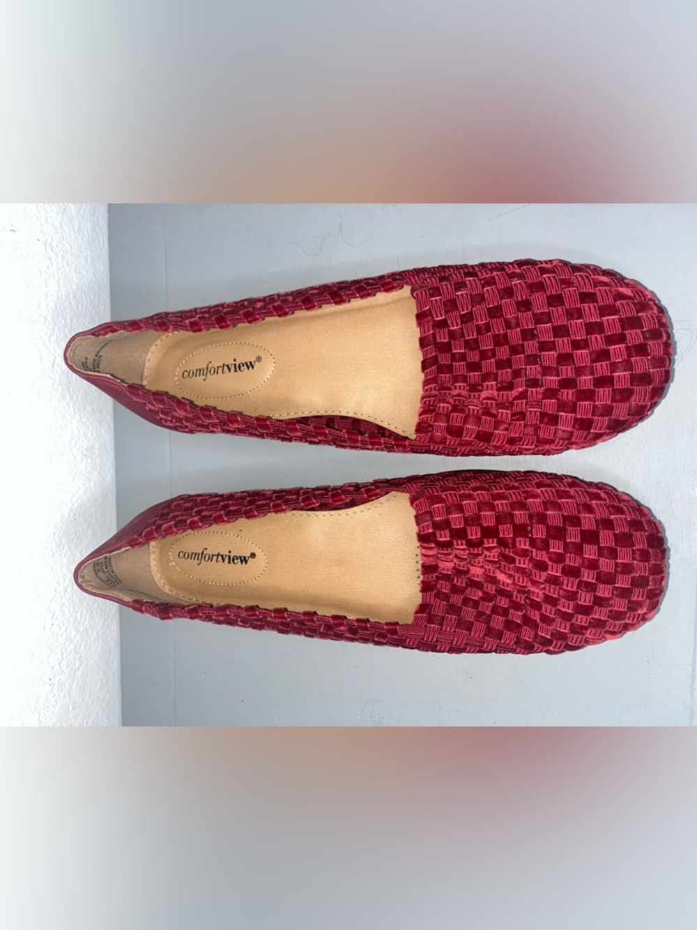 Comfort View Womens Bethany Flats Slip On Woven Stretch Checkered Red Size 9.5M